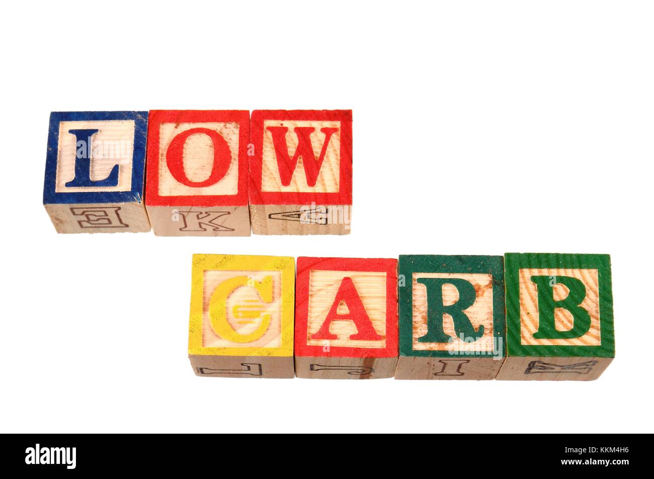 Il termine basso carb visivamente su uno sfondo bianco con colorati giocattolo di legno blocchi immagine in formato paesaggio con spazio di copia Foto Stock