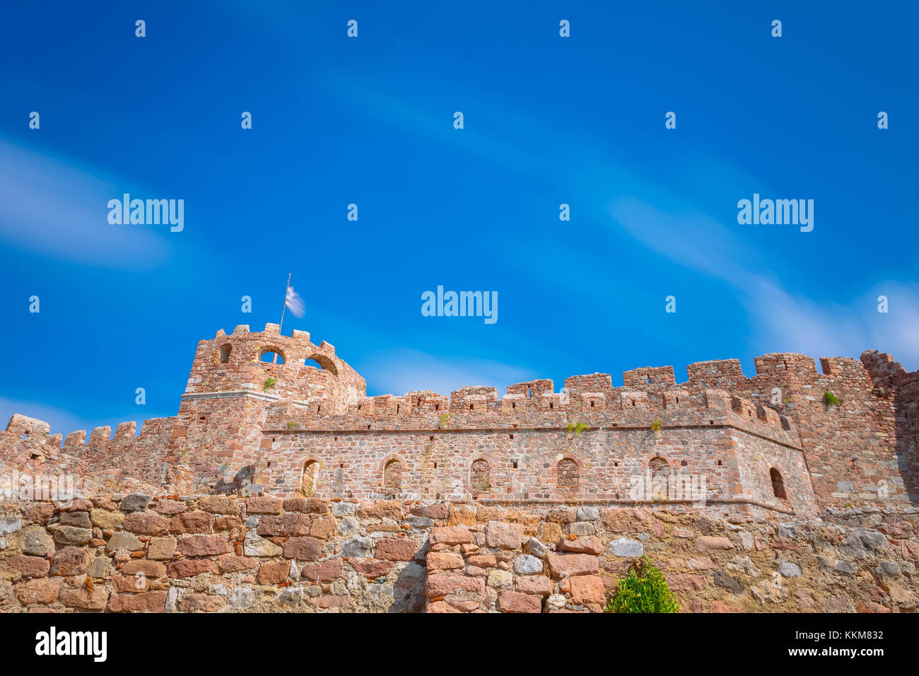 Le mura del castello di mytilene in lesvos Island, Grecia, uno dei più grandi castelli nel mediterraneo, fotografato a lunga esposizione Foto Stock