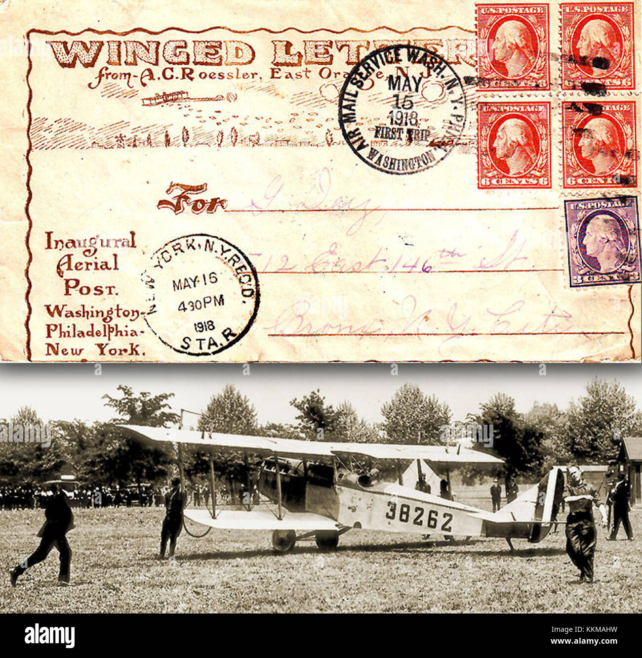 I primi anni -- Lt. George L. Boyle, che hanno fatto il viaggio di ritorno a New York City, con partenza da Washington, D.C.; principali Ruben H. flotta, che pilotava il primo servizio regolare di posta aerea piano, arrivati a Washington D.C. alle 10:35 Dopo aver effettuato il viaggio dal campo Bustleton, Philadelphia, Pa., in 1 ora e 55 minuti di volo effettivo tempo. Il 15 maggio 1918. Primo US Air Mail volo 1918 Foto Stock