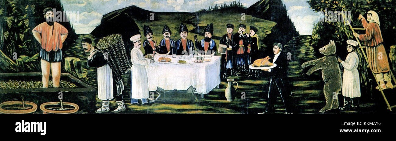 Il dipinto di Pirosmani, 'Grape Harvest Feast', cattura una scena vibrante di una tradizionale vendemmia. L'opera d'arte è stata presentata sulla rivista Soviet Life nel febbraio 1969, numero 149, che riflette le tradizioni culturali georgiane. Foto Stock