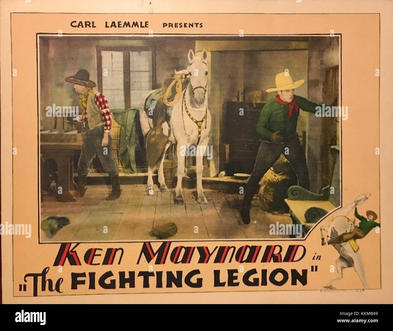 La lobby card Fighting Legion mostra una scena di questo film d'azione degli anni '1930, con un gruppo di soldati nel bel mezzo di una battaglia. La scheda evidenzia i temi militari del film e le sequenze d'azione drammatiche. Foto Stock