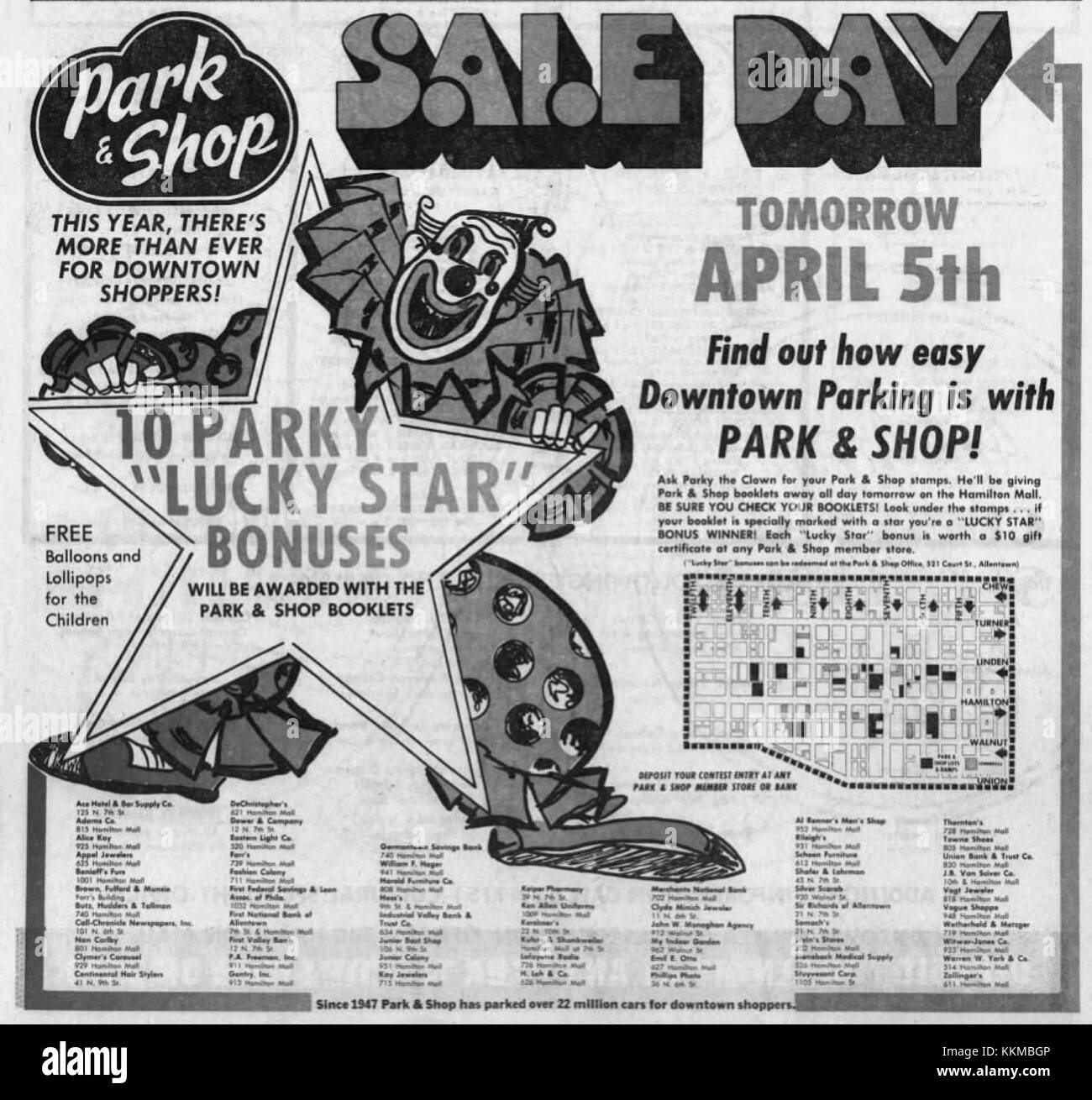 La mappa e l'elenco dei lotti di 1976 Park & Shop di Allentown, Pennsylvania, illustra in dettaglio le posizioni delle varie aree commerciali e delle aziende della regione. Offre una prospettiva storica sul commercio locale e lo sviluppo urbano durante quel periodo. Foto Stock