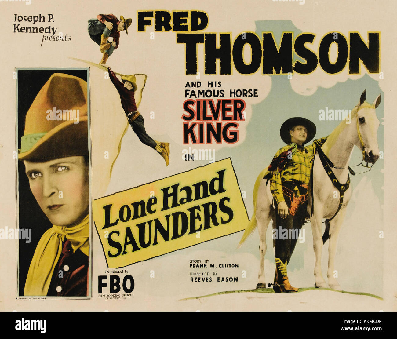 Un poster promozionale con Lone Hand Saunders, probabilmente di un film o di una produzione teatrale occidentale. Rappresenta la cultura dello spettacolo dell'America dei primi anni del XX secolo e la sua attenzione al genere occidentale. Foto Stock