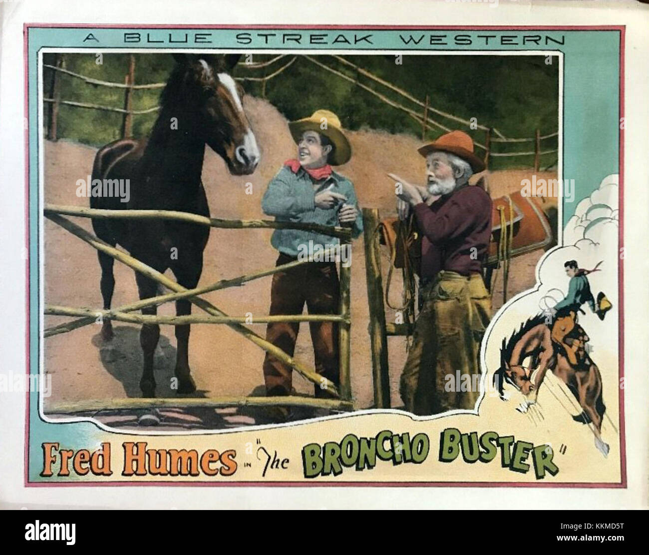La lobby card di Bronco Buster tratta da un film WESTERN, presenta immagini iconiche del genere, che mettono in risalto una famosa figura di cowboy in azione. Foto Stock