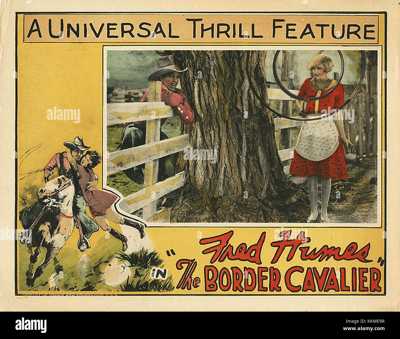 Una lobby card del film "Border Cavalier", che mostra elementi del genere occidentale. Presenta personaggi chiave e scene rappresentative della trama e dell'ambientazione del film. Foto Stock