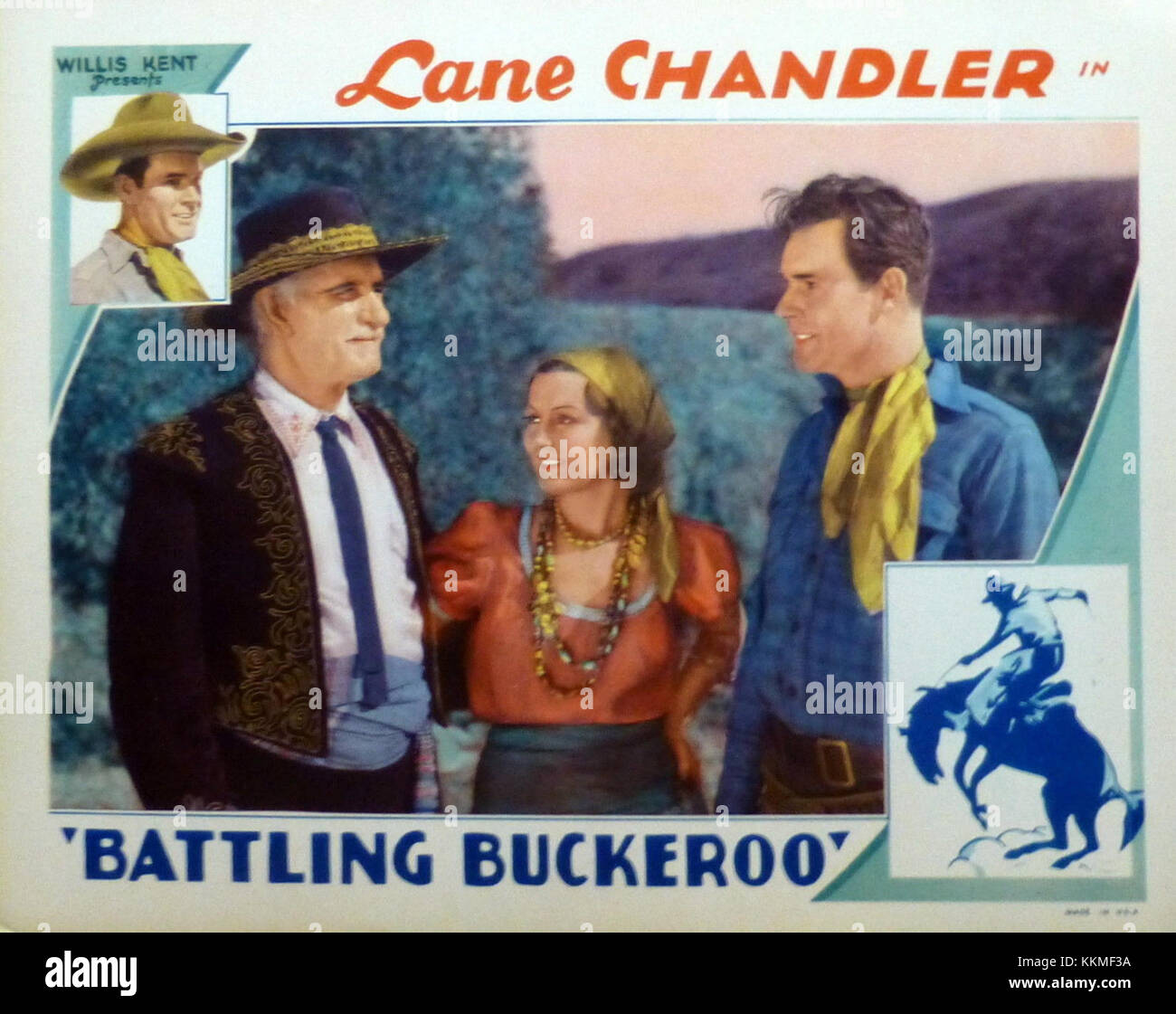 La carta della hall per il film "Battling Buckaroo" presenta una scena chiave di questo WESTERN del 1938. Mostra i temi del film: Coraggio, azione e il Vecchio West. Foto Stock