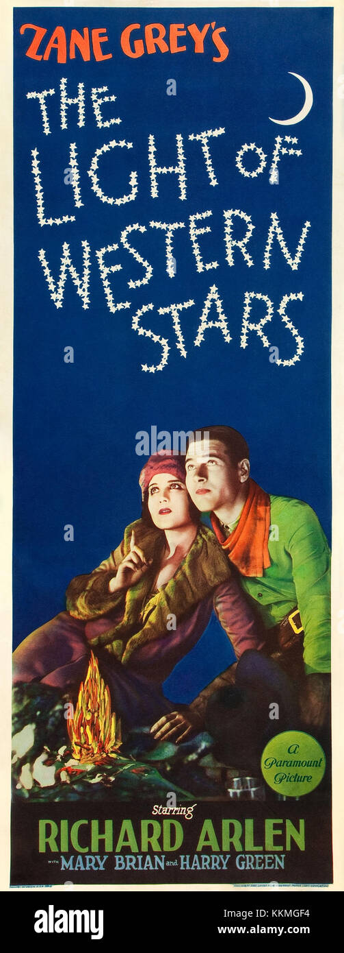 Il film del 1930 The Light of Western Stars è un film western basato sul romanzo di Zane Grey. Il poster cattura l'essenza del primo cinema western di Hollywood, con i suoi temi di avventura e romanticismo. Foto Stock