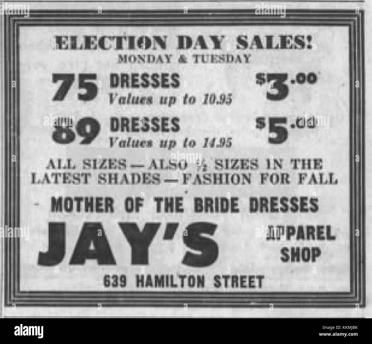 1962 - Negozio di abbigliamento Jays - 4 Nov MC - Allentown, PA Foto Stock