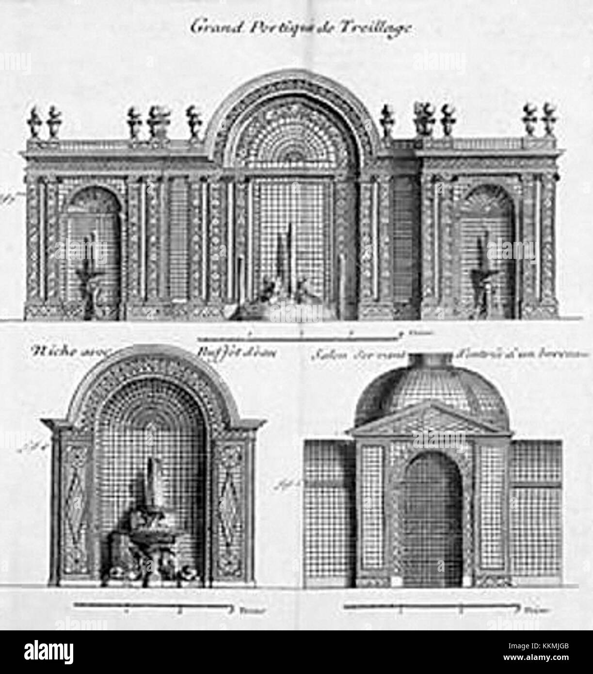 I disegni del portico di le Blond sono notevoli per la loro eleganza architettonica e influiscono nell'architettura classica, mostrando simmetria e strutture colonnari. Questi progetti contribuirono allo sviluppo dello stile architettonico neoclassico durante il XVIII secolo. Foto Stock