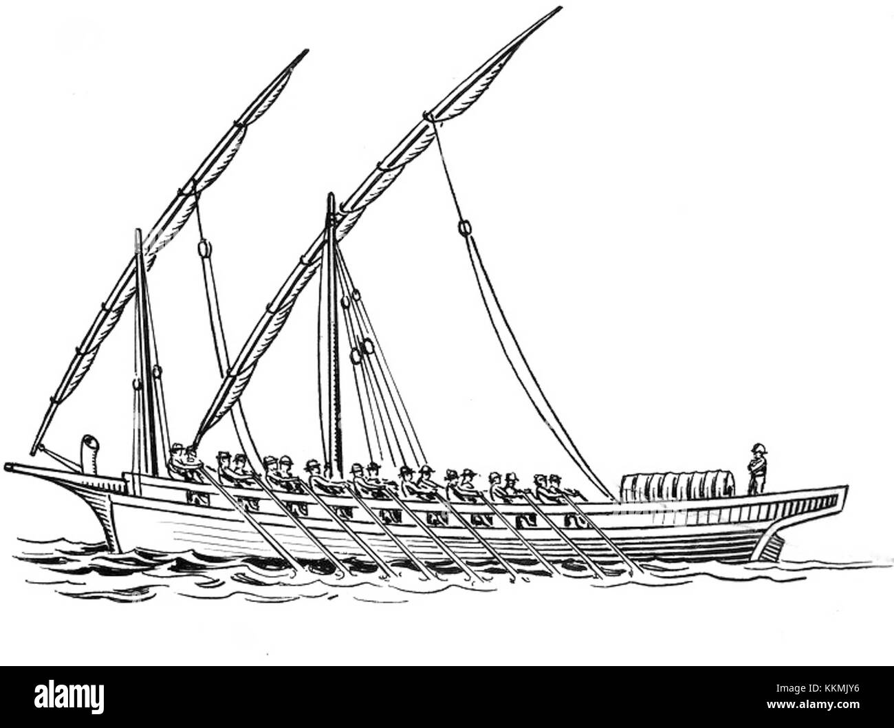 Un felouque è un tipo di barca a vela tradizionale in legno comunemente usata nel Mediterraneo, specialmente in Nord Africa e Medio Oriente. È caratterizzato da un unico albero e da una vela latesca, progettata per la navigazione costiera e fluviale. Foto Stock