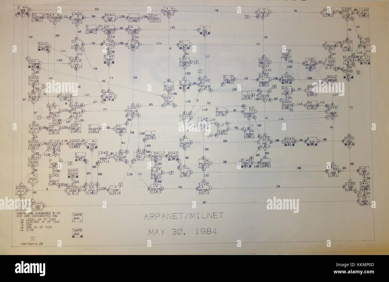 La mappa ARPANET - MILNET del 30 maggio 1984 mostra la separazione di ARPANET e MILNET, due componenti di Internet. MILNET è stato dedicato alla comunicazione militare mentre ARPANET ha continuato a sostenere la ricerca e le funzioni accademiche. Questa mappa storica è un documento importante per comprendere l'evoluzione delle tecnologie di rete e delle prime architetture Internet. Foto Stock