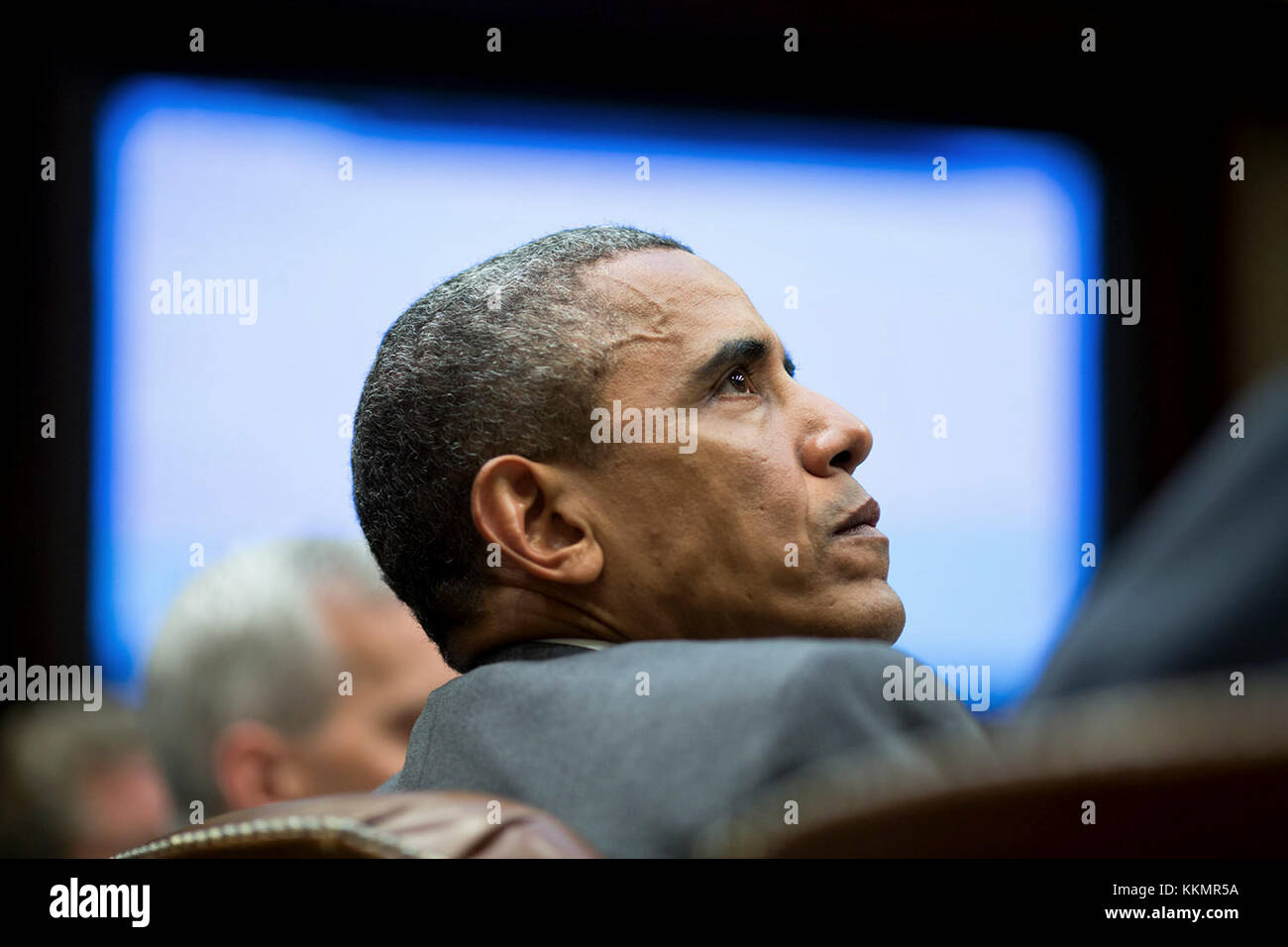 Il presidente Barack Obama incontra con i consulenti nella sala roosevelt della casa bianca, aug. 4, 2014. Foto Stock