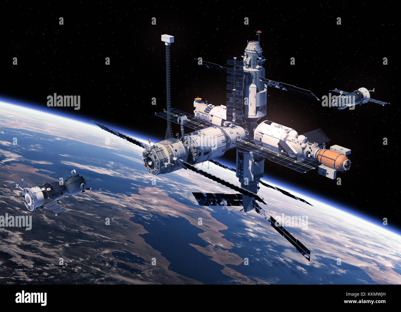 Due navicelle si sta preparando al dock con stazione di spazio. 3d'illustrazione. Foto Stock