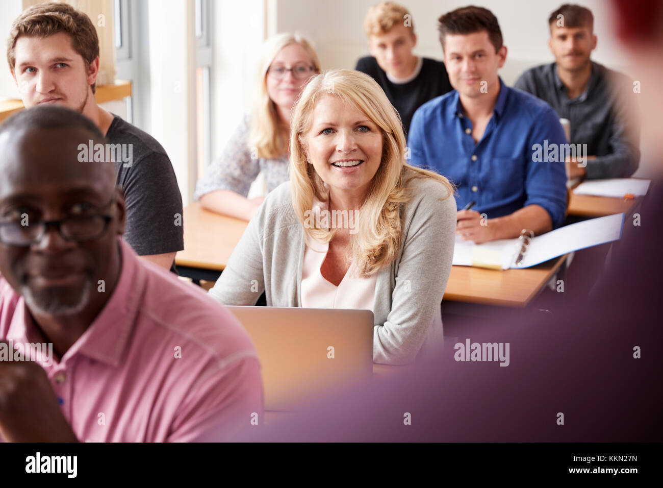 Maschio insegnamento tutor di classe di studenti maturi visto da dietro Foto Stock