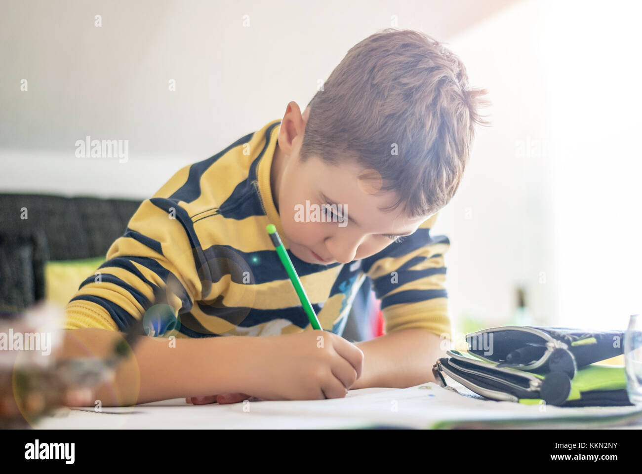 Ragazzo di 8-9 anni, scrive i compiti a casa dopo la scuola Foto Stock