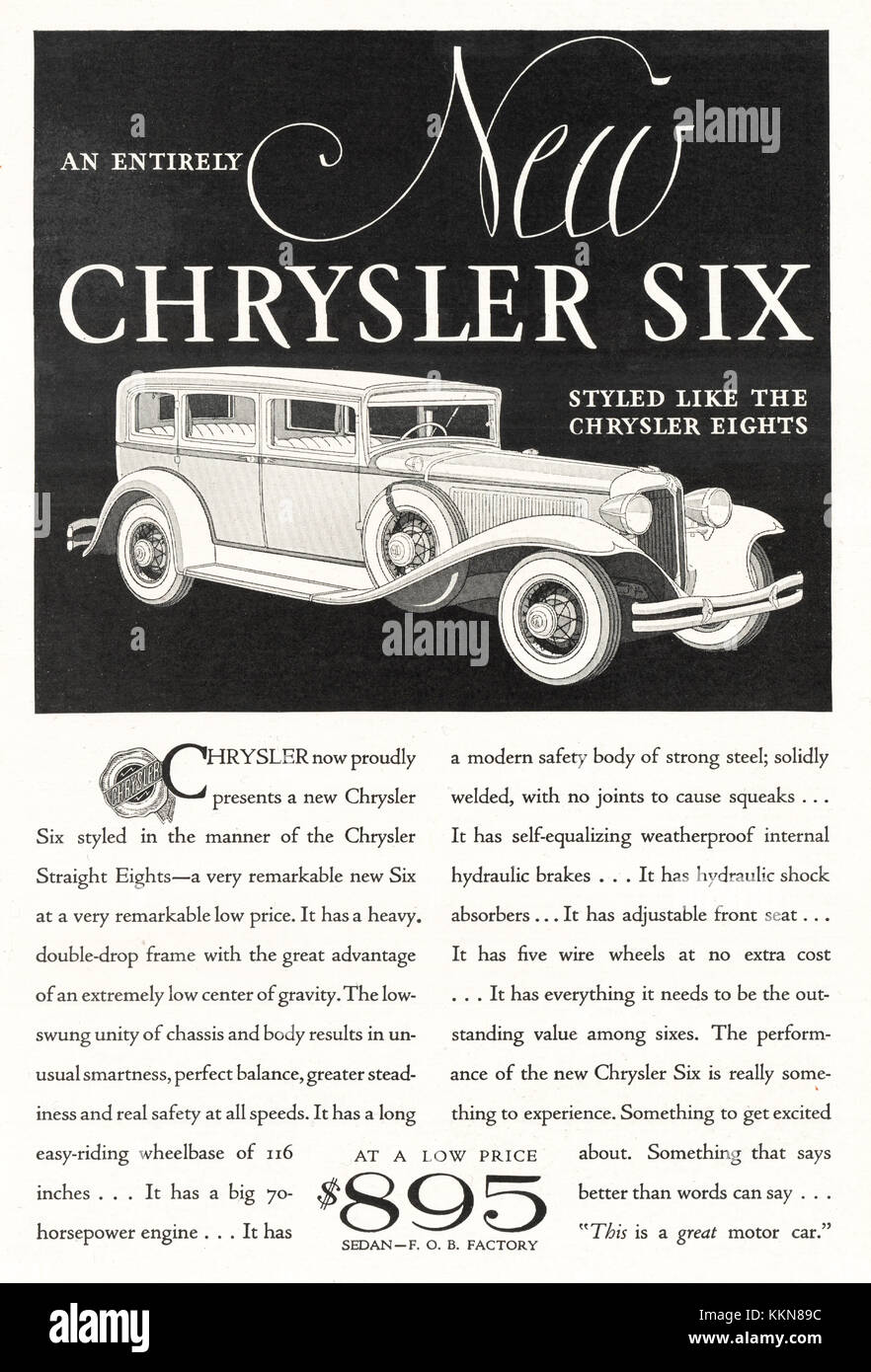 1931 U.S. Magazine Chrysler Corporation Annuncio Foto Stock