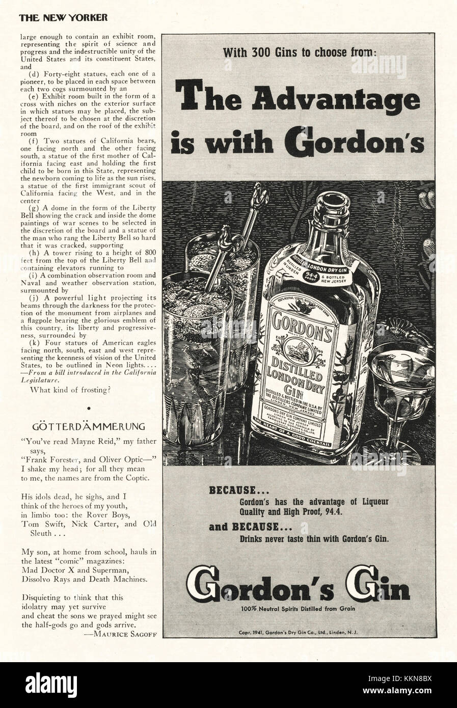 1941 U.S. Magazine gin Gordon's annuncio Foto Stock
