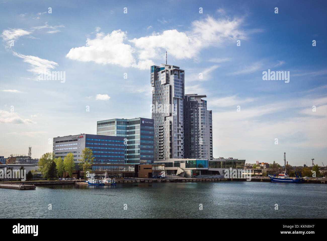 Gdynia Waterfront e Sea Towers edifici nel porto della città di Gdynia, Voivodato Pomeraniano della Polonia Foto Stock