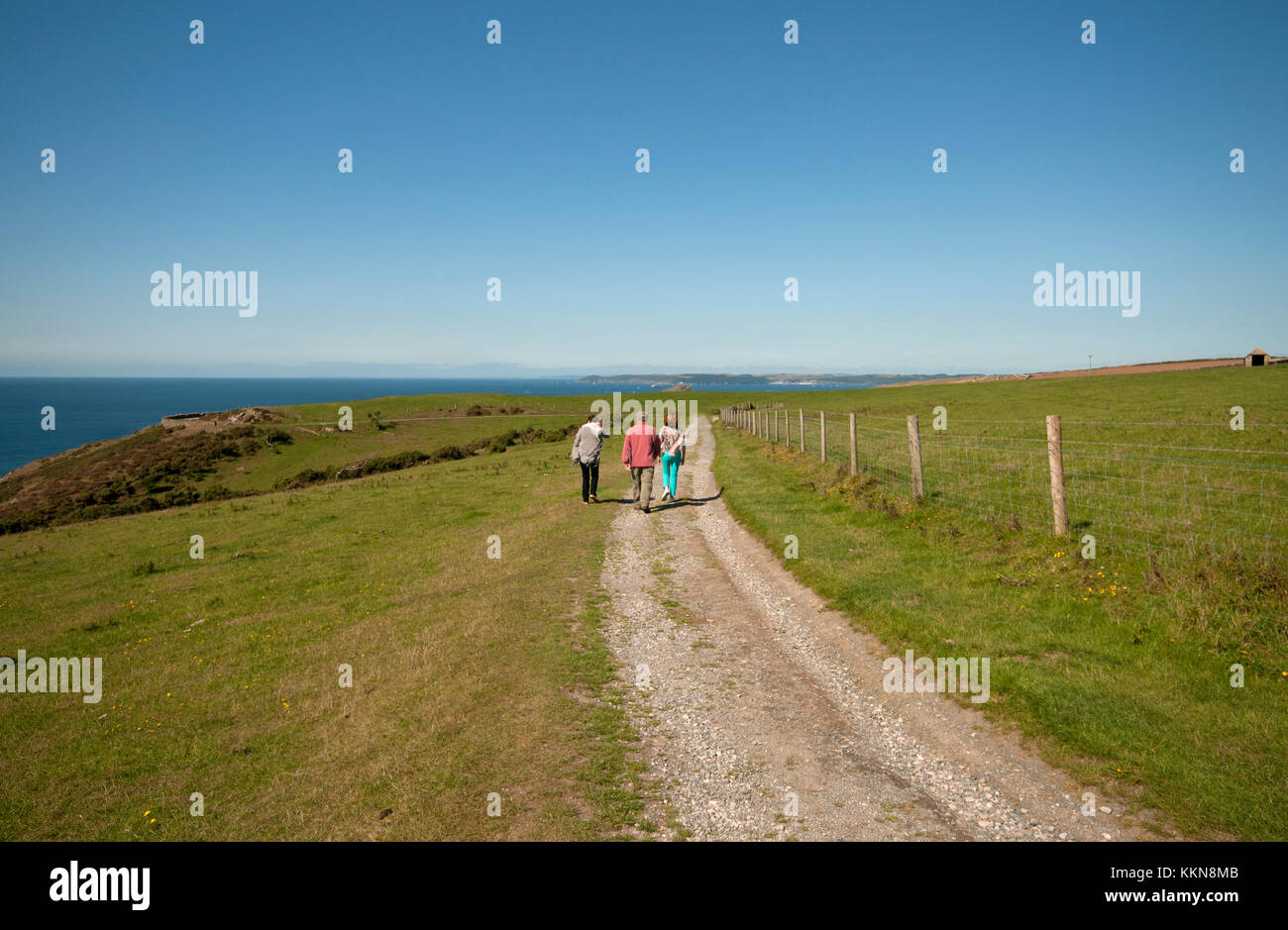 Tre amici che camminano lungo un sentiero costiero nel Devon sud Foto Stock