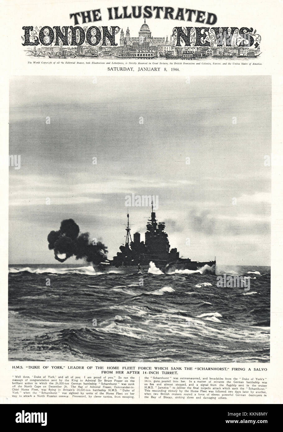 1944 Illustrated London News HMS Duke of York in azione Foto Stock