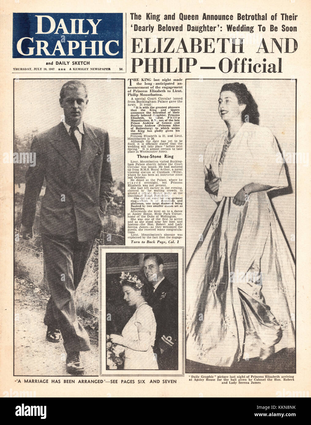 1947 Daily Graphic impegno della Principessa Elisabetta Foto Stock