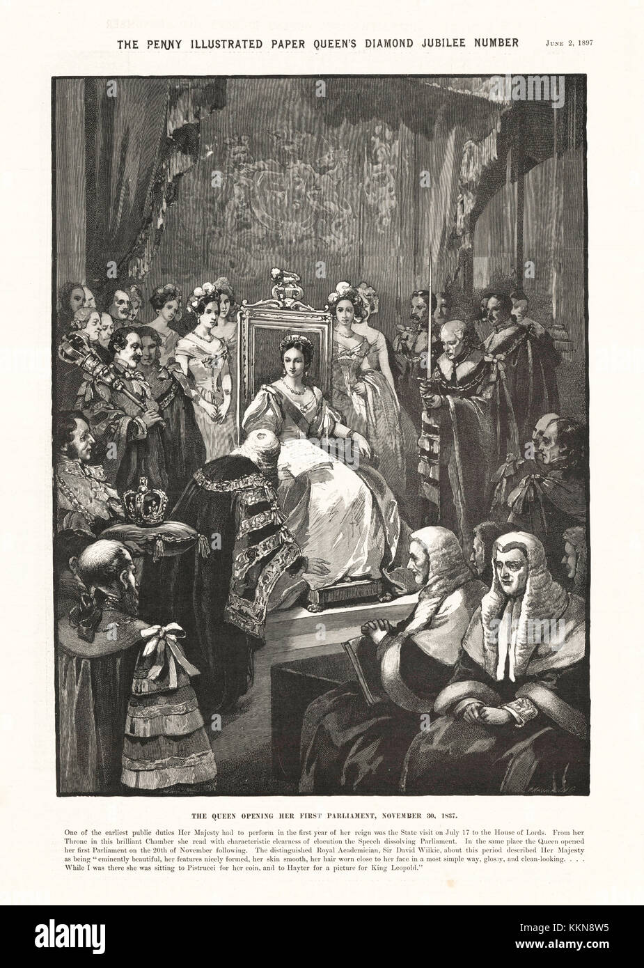 1897 Penny illustrata Queen Victoria apre il suo primo Parlamento Foto Stock