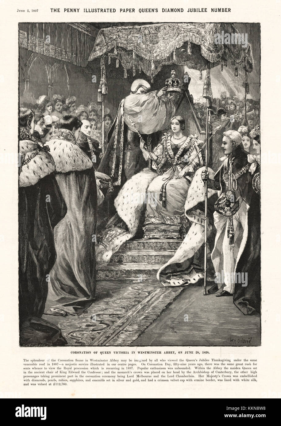 1897 Penny Carta illustrato incoronazione della Regina Victoria in 1838 Foto Stock