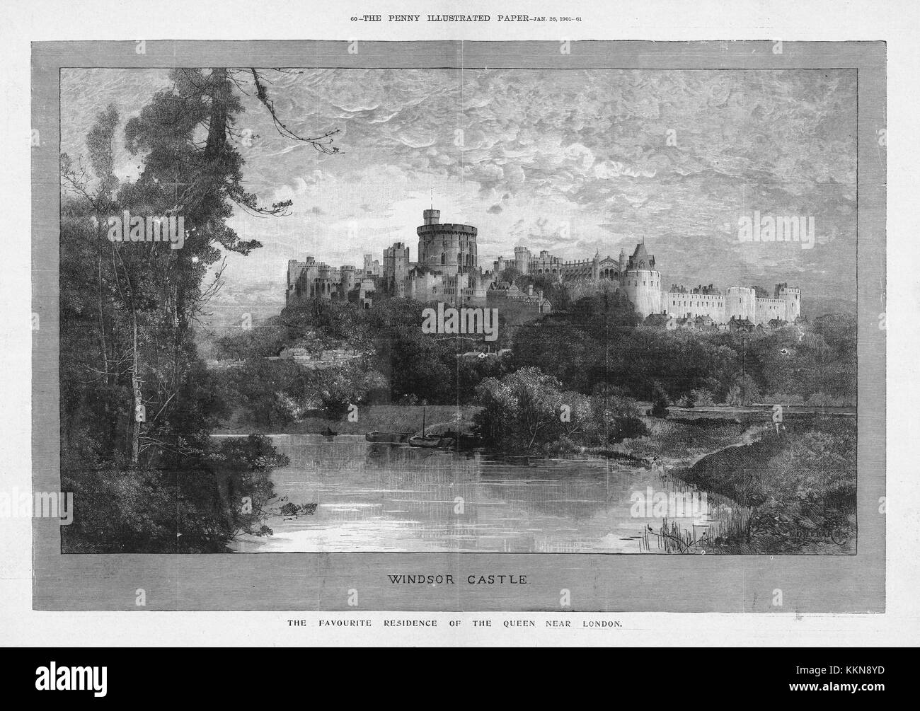 1901 Penny Carta illustrato il Castello di Windsor, Queen Victoria la residenza preferita Foto Stock