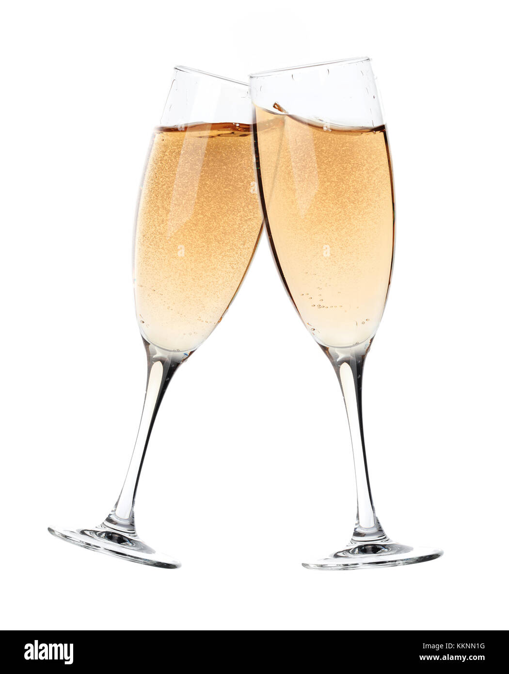 Due bicchieri di champagne tostare per festeggiare. tagliare su uno sfondo bianco. Foto Stock