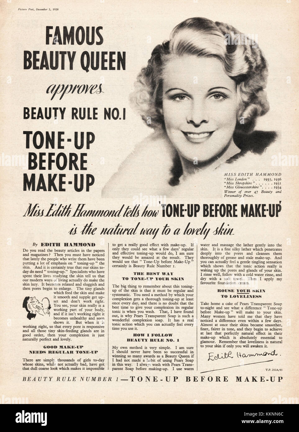 1938 La rivista britannica Edith Hammond Make-up annuncio Consigli Foto Stock