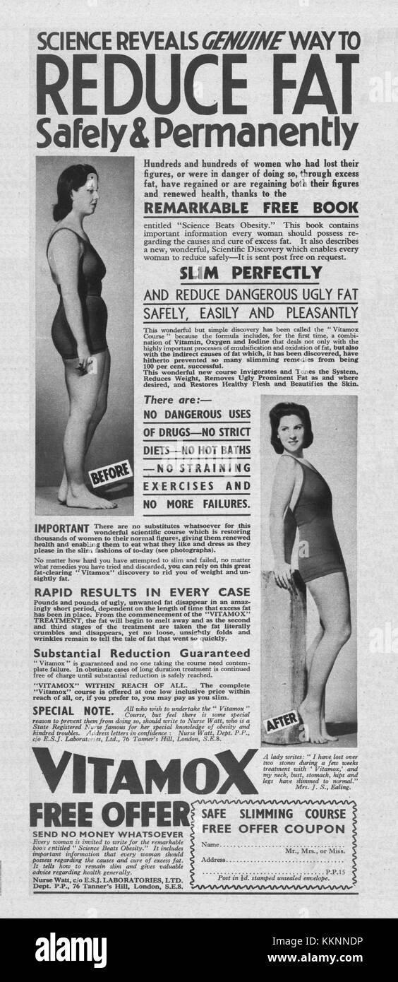 1939 La rivista britannica Vitamox Trattamento snellente annuncio Foto Stock