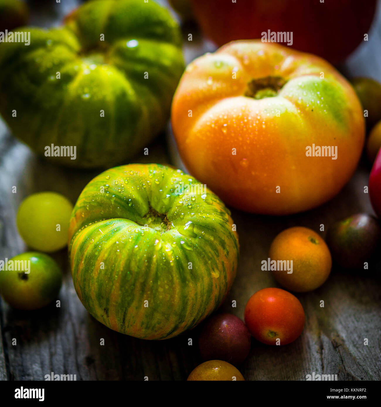 Cimelio di pomodori su sfondo rustico Foto Stock