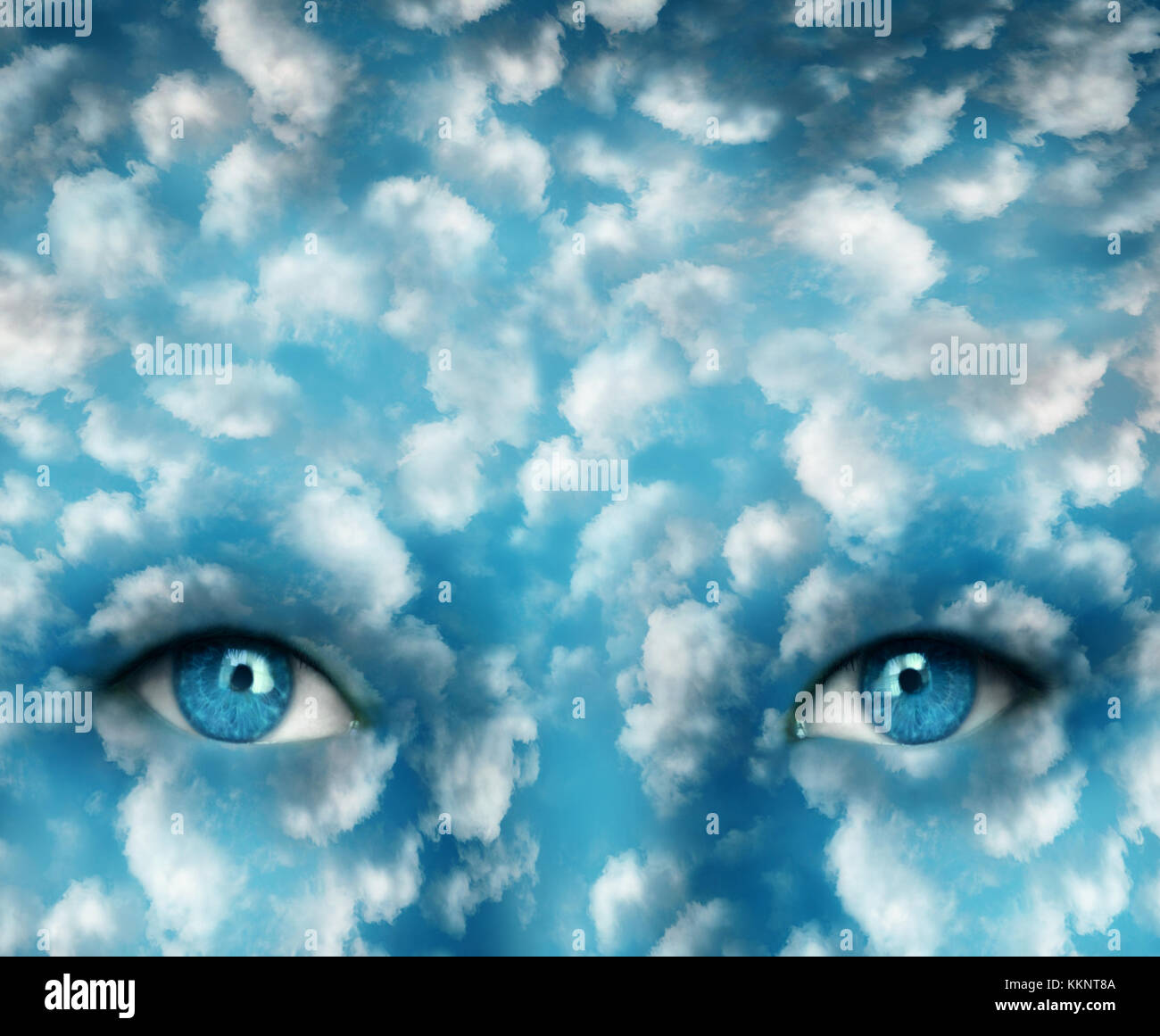 Surreale immaginare che rappresentano due bellissimi occhi con luce blu cielo e molte nuvole Foto Stock