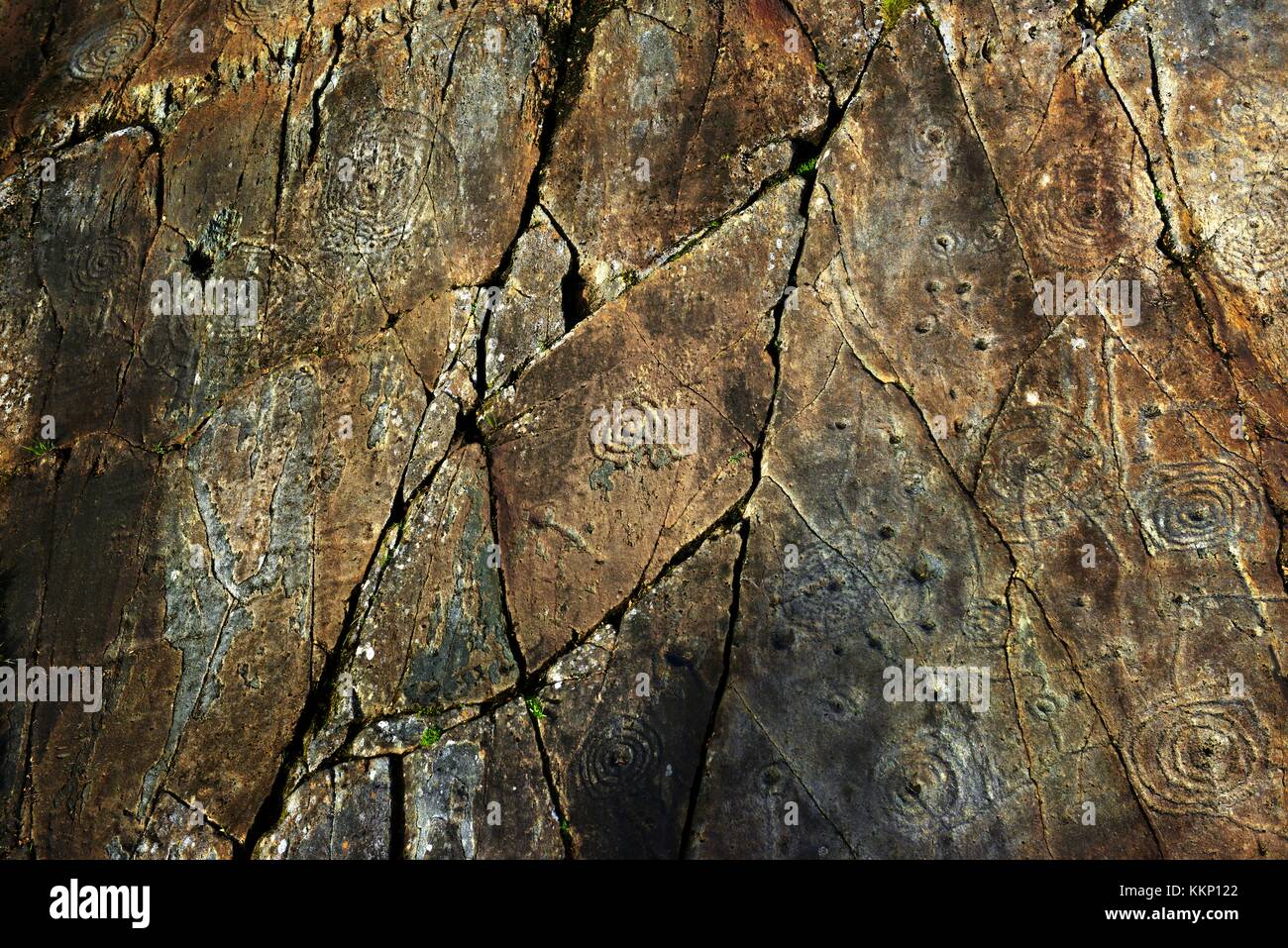 Coppa di epoca preistorica e tacca di pietra scolpita arte rock affioramento a achnabreck, kilmartin valley, Argyll, Scozia occidentale, Regno Unito Foto Stock