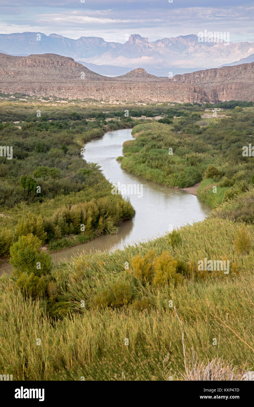 Parco nazionale di Big Bend, Texas - Rio Grande (Rio Bravo del Norte), il confine internazionale tra gli Stati Uniti e il Messico. Il Chisos Mounta Foto Stock