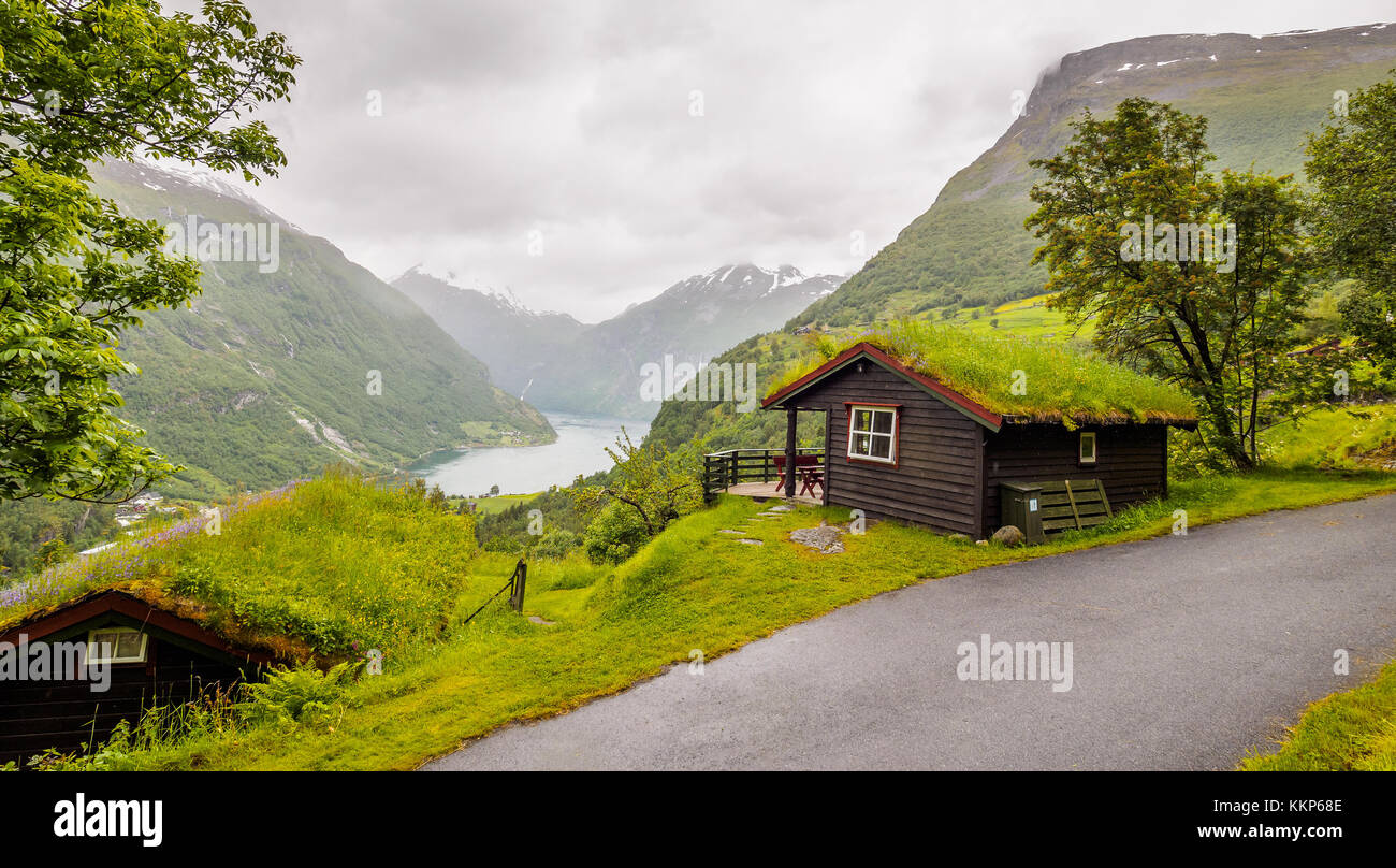 Locali di case con tetti di sod - gerainger, Norvegia Foto Stock