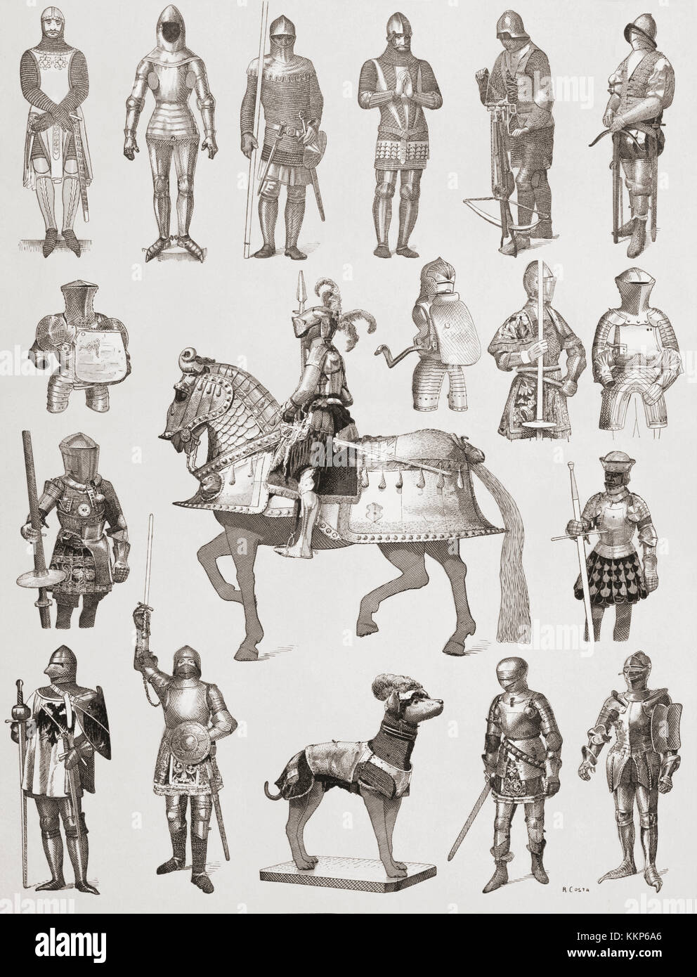Eurpoean armature dal XIV, XV e XVI secolo. Da enciclopedia ilustrada segui, pubblicato 1908. Foto Stock