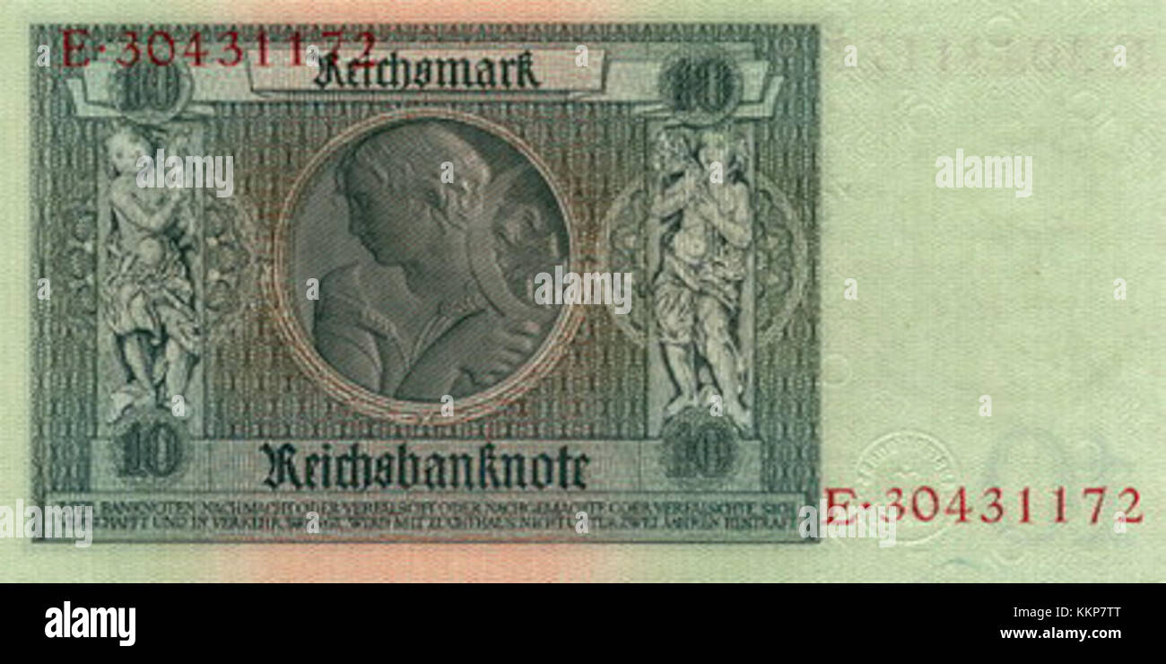 Il francobollo Reichsmark 10 è un pezzo da collezione di storia postale, emesso durante l'era della Germania nazista. Presenta importanti immagini simboliche di quel periodo e funge da artefatto storico dell'epoca. Foto Stock
