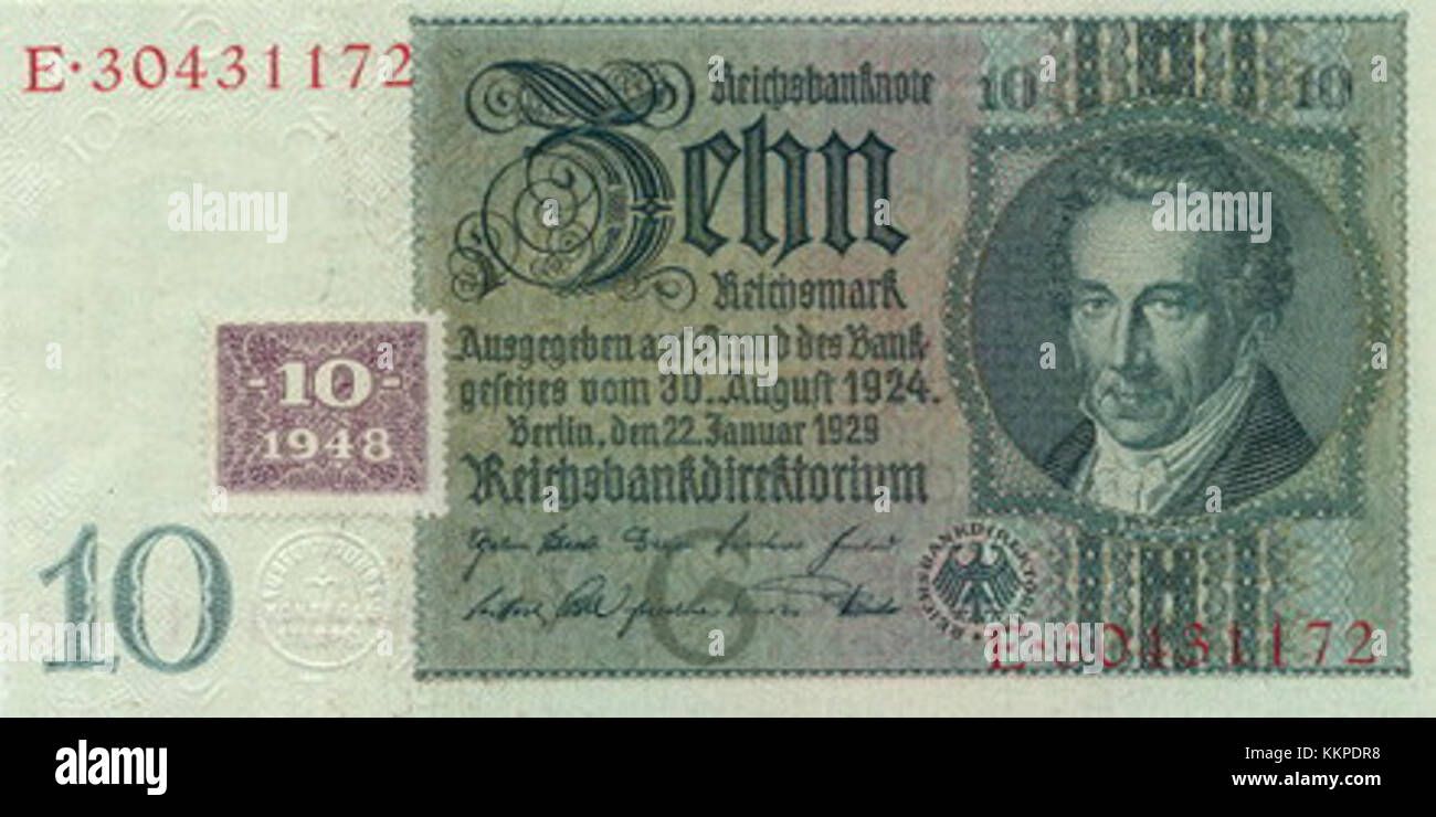 Il francobollo Reichsmark da 10 Reichsmark, una banconota emessa dalla Germania nazista, rappresenta la storia economica e politica durante la seconda guerra mondiale. Foto Stock