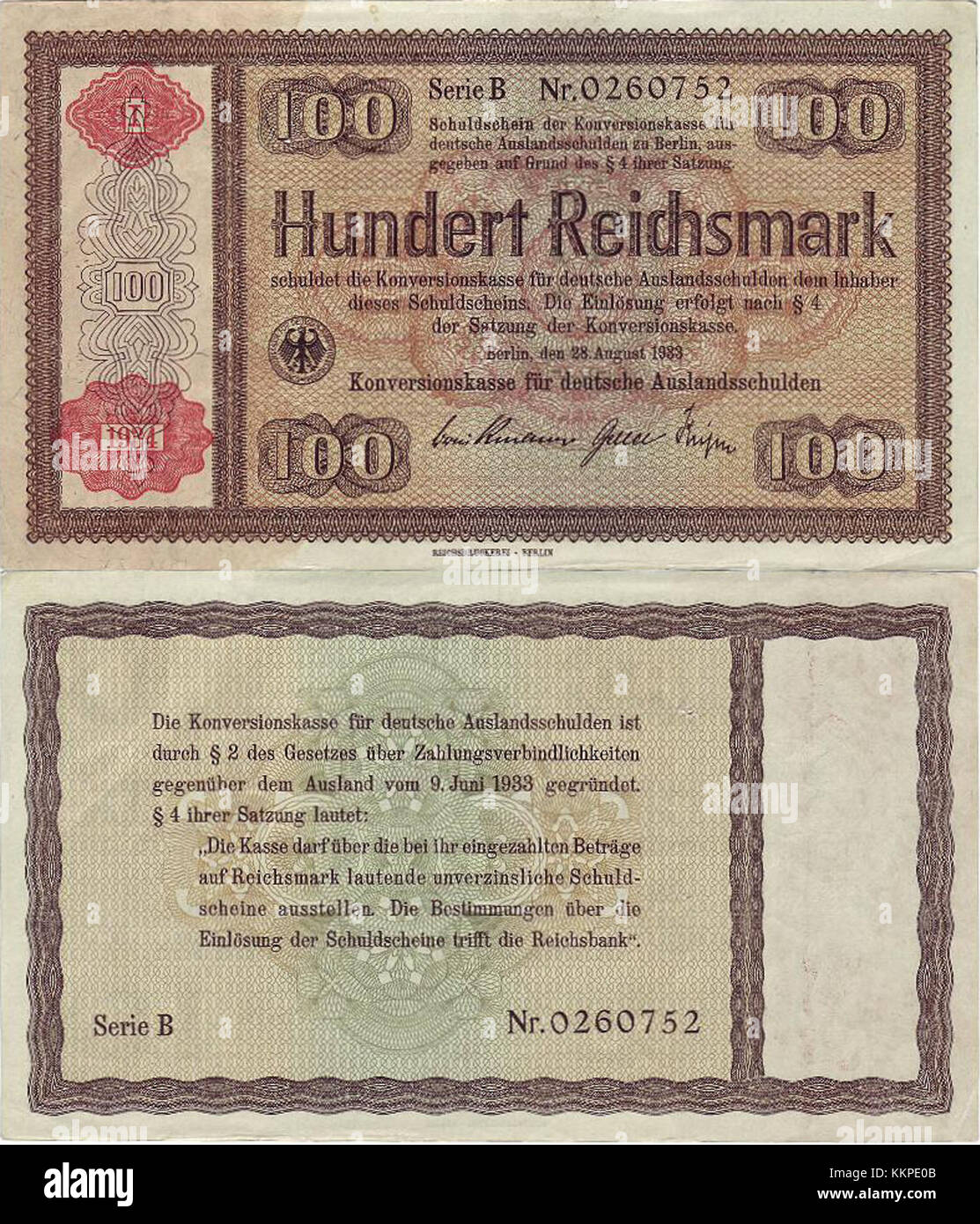 La RM Konv del 100 è una banconota storica dell'epoca del Reich tedesco, in particolare la denominazione Reichsmark del 100. La nota rappresenta la storia economica della Germania antecedente alla seconda guerra mondiale ed è un oggetto da collezione per numismatici. Foto Stock