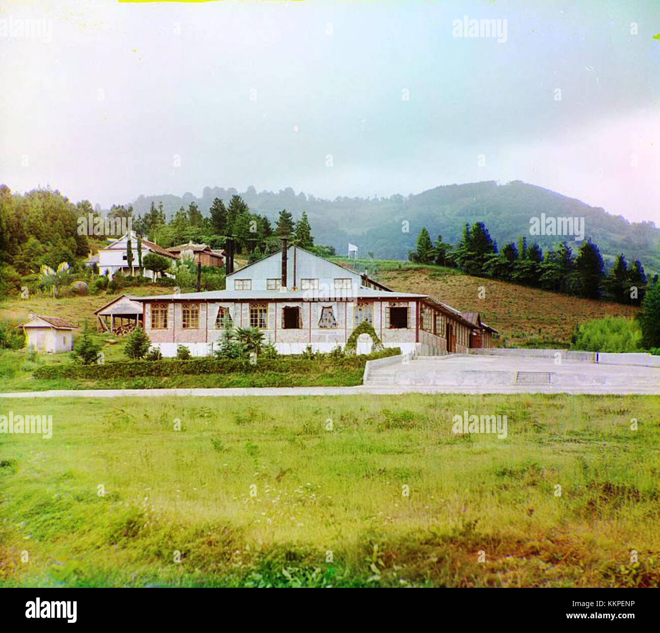 Questa vista della fabbrica di tè a Chakva, Georgia, illustra il processo di produzione del tè. La fabbrica fa parte dell'industria del tè della regione, che svolge un ruolo importante nell'agricoltura e nell'economia locale. Foto Stock