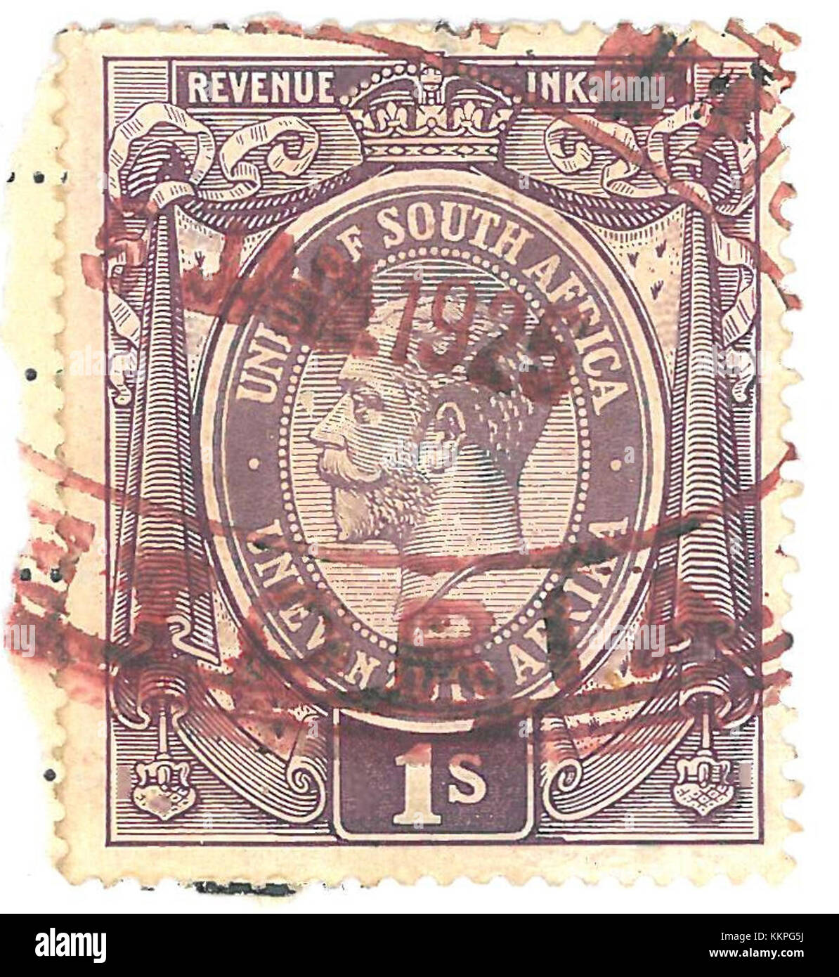 Questo francobollo delle entrate dello scellino dell'Unione del Sud Africa fa parte di una serie emessa per riscuotere le tasse. Il francobollo presenta disegni distintivi che simboleggiano il patrimonio e il quadro giuridico della nazione durante il periodo di emissione. Foto Stock