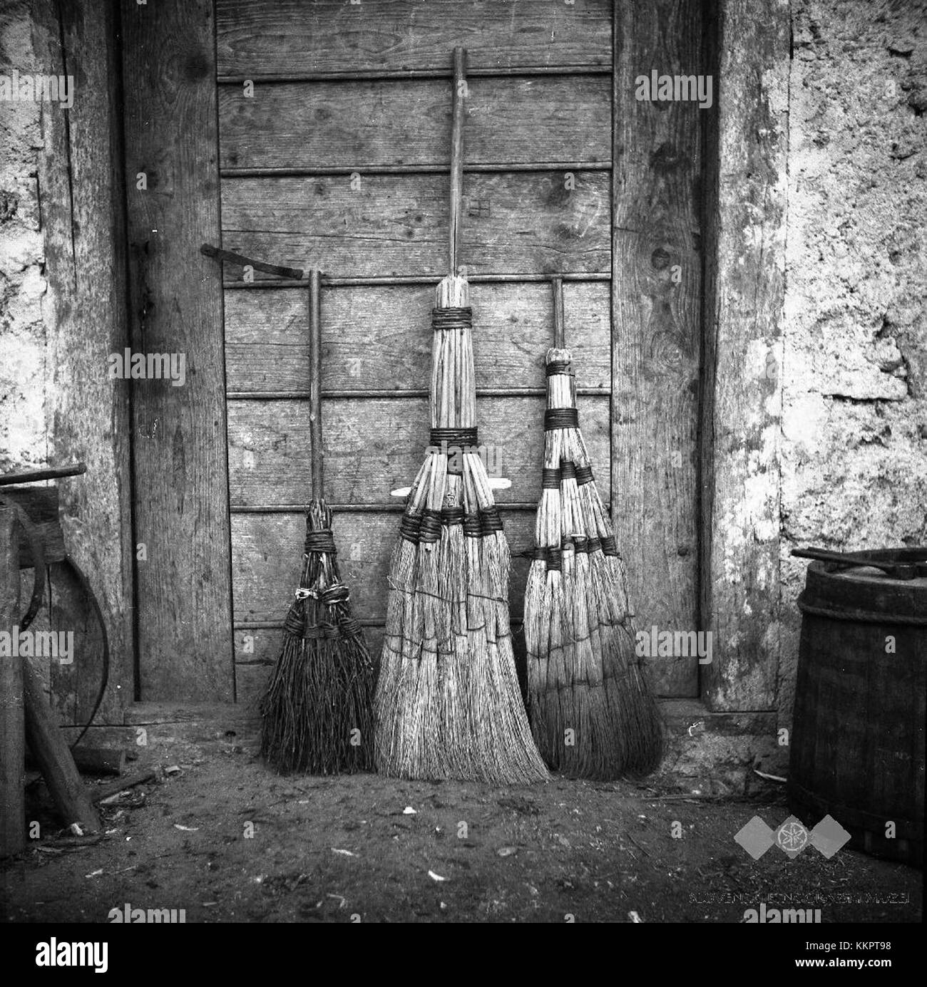 Le Metle, realizzate da Miha Dragan nel 1952, sono scope realizzate con due materiali: Legno di betulla e ramoscelli di nocciola. Questo prodotto riflette l'artigianato tradizionale della metà del XX secolo nella regione di Vratno in Slovenia. Foto Stock