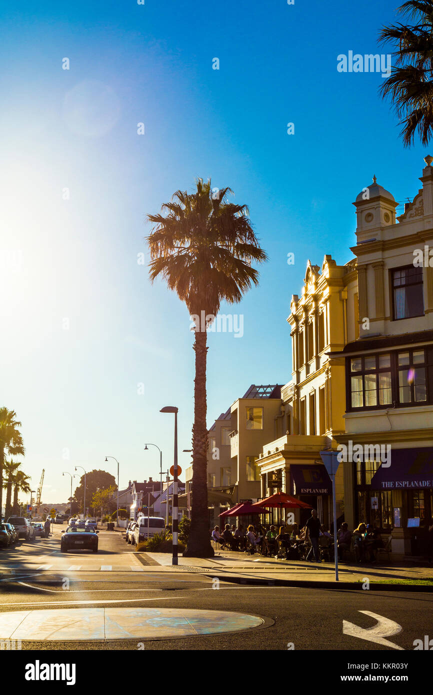 Scena di strada, Esplanade Hotel, bar e Palm tree in Devonport, Auckland, Nuova Zelanda Foto Stock