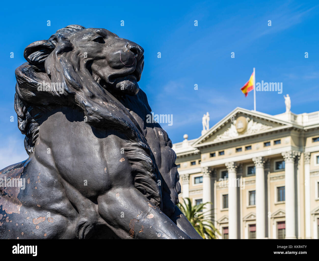 Leone della colonna Colombo a Barcellona Foto Stock