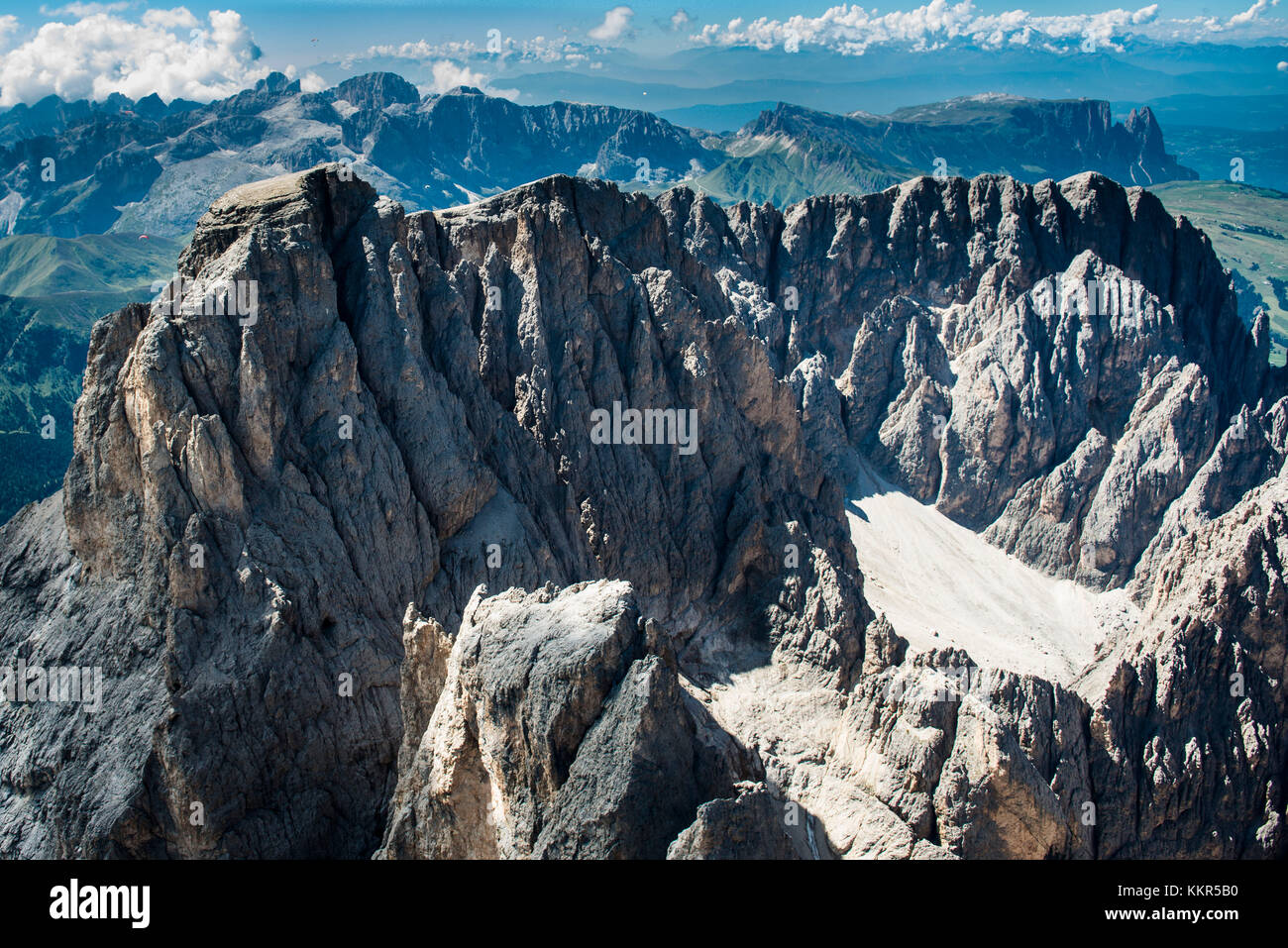 Dolomiti, gruppo Langkofel, Plattkofel, Rosengarten, Seiseralm con Sciliar, foto aerea, Trentino, alto Adige, Italia Foto Stock