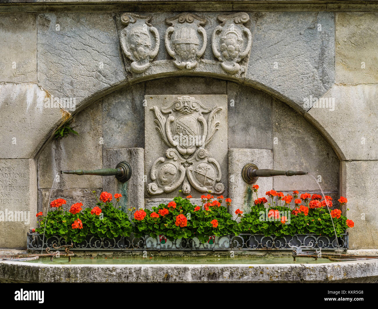 Fontana storica del villaggio a Regensberg vicino Zurigo Foto Stock
