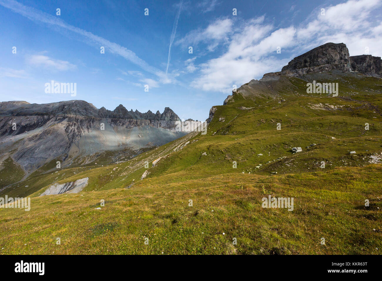 Vista del sito naturale patrimonio dell'umanità dell'UNESCO Tektonikarena Sardona vicino a Flims, Grigioni, Svizzera, Foto Stock