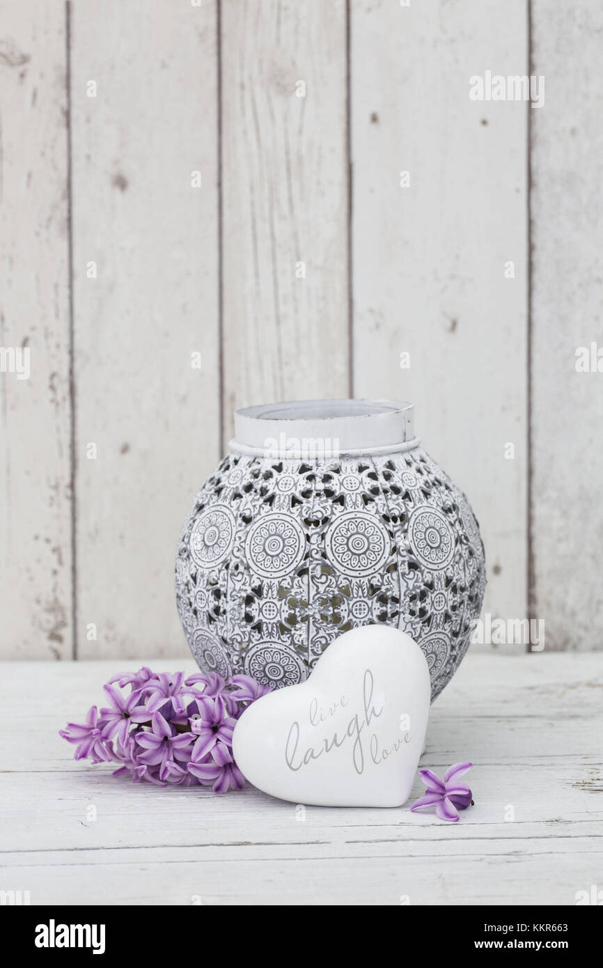 Giacinto fiori con vaso e forma di cuore, vicino, still life Foto Stock