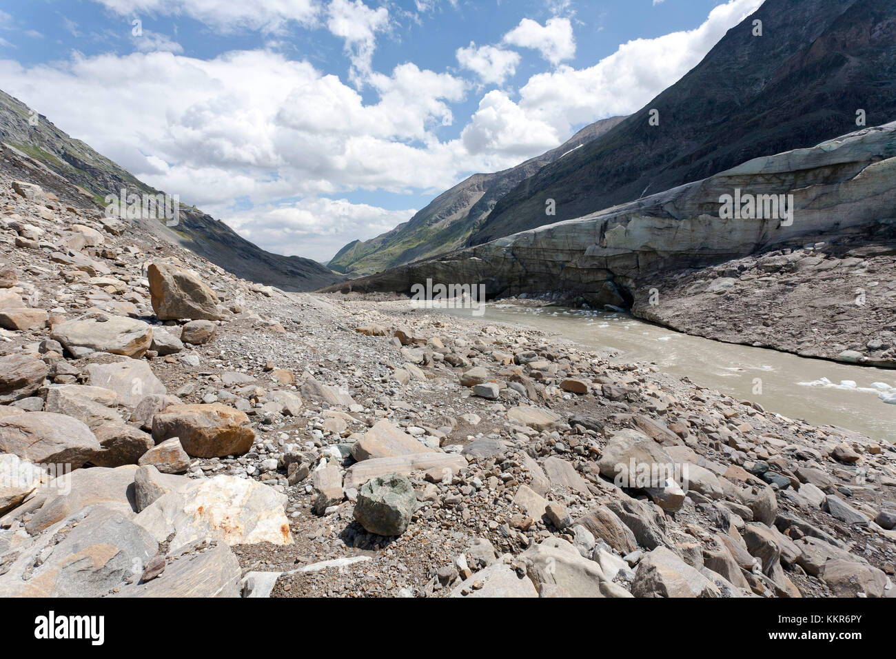 Valle del ghiacciaio del Pasterze al Grossglockner, a sud-est del Kaiser-Franz-Josefs-Höhe, Hohe Tauern, Carinzia, Tirolo orientale, Austria Foto Stock